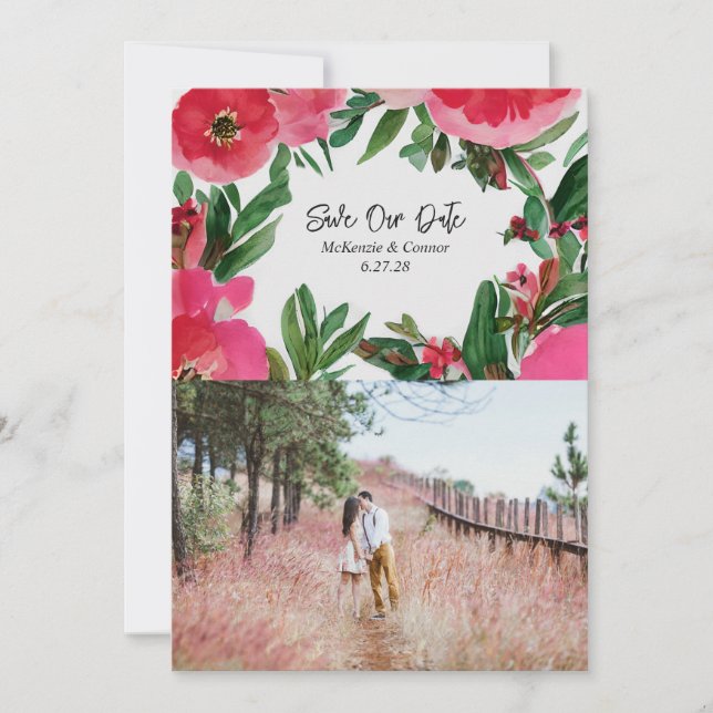 Save The Date Aquarelle rose Anémone Mariage photo (Devant)