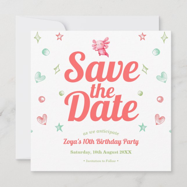 Save The Date Aquarelle rose Axolotl Anniversaire (Devant)