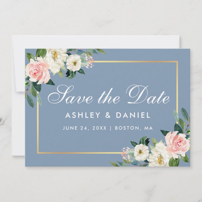 Save The Date Aquarelle rose blanc Floral bleu Dusty (Devant)