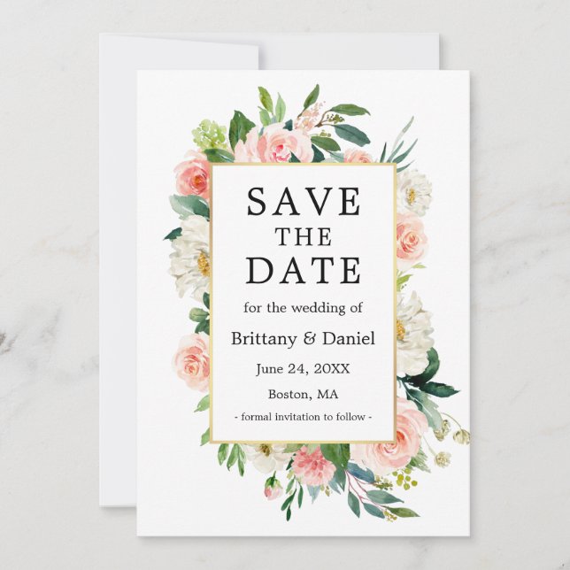 Save The Date Aquarelle Rose Blanc Floral Elégant Cadre Or (Devant)