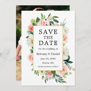 Save The Date Aquarelle Rose Blanc Floral Or Cadre Photo Retour