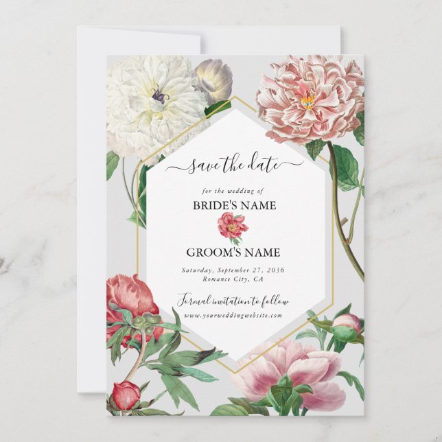 Save The Date Aquarelle rose blanc pivoines Mariage (Devant)