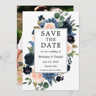 Save The Date Aquarelle rose bleu foncé photo florale