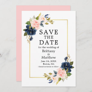 Save The Date Aquarelle rose Blush Blue Rose Gold Frame