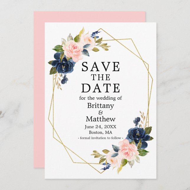 Save The Date Aquarelle rose Blush Blue Rose Gold Geo Frame (Devant / Derrière)