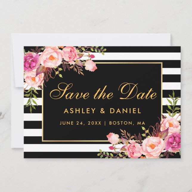 Save The Date Aquarelle rose Blush Floral rayé (Devant)