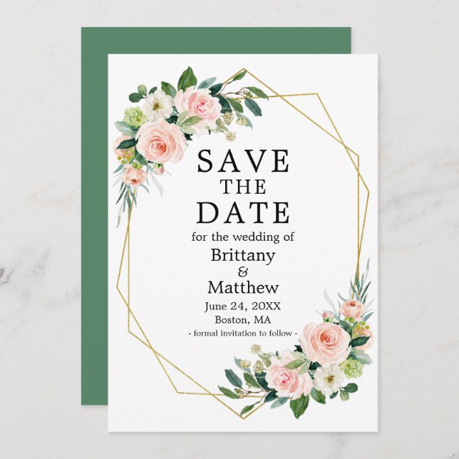 Save The Date Aquarelle rose Blush Rose Vert Geo Cadre (Devant / Derrière)