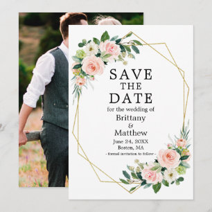 Save The Date Aquarelle rose Blush Roses Gold Geo Frame Photo