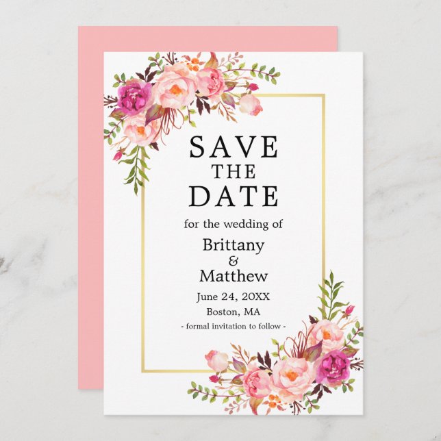 Save The Date Aquarelle Rose Blush Roses Or Enregistrer La Date (Devant / Derrière)