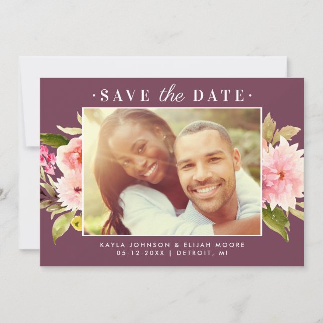 Save The Date Aquarelle rose de Bourgogne Mariage floral Photo (Devant)