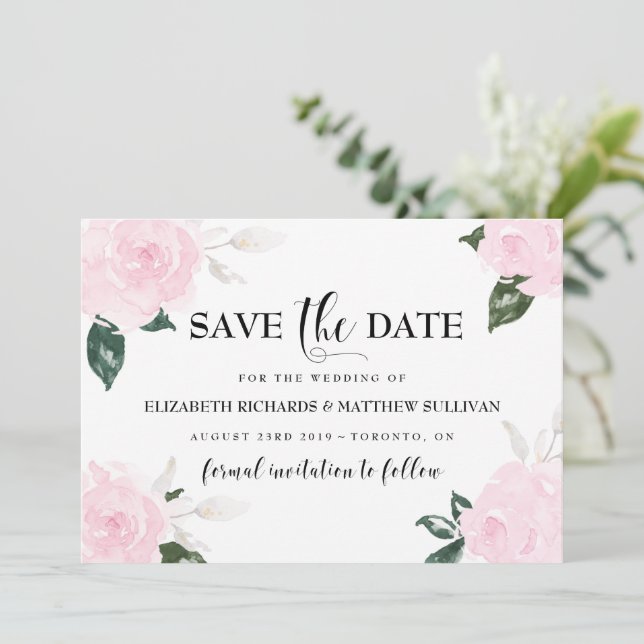 Save The Date Aquarelle rose doux Roses Enregistrer la photo Dat (Debout devant)