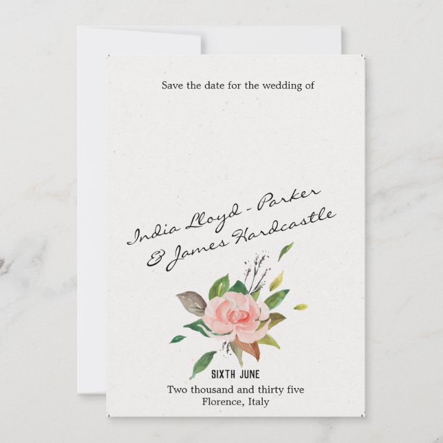 Save The Date Aquarelle Rose et feuillage mariage à fleurs (Devant)