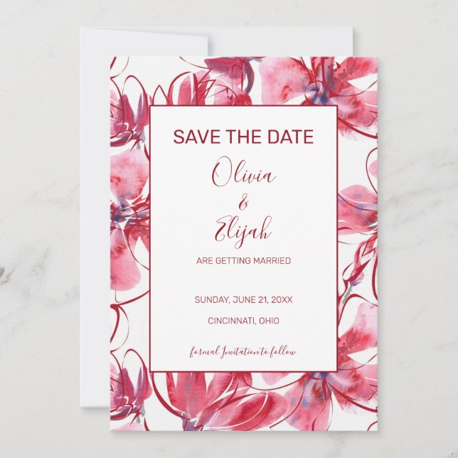 Save The Date Aquarelle Rose Et Fleurs Rouge (Devant)