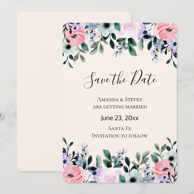 Save The Date Aquarelle rose et pourpre Bordure florale (Devant / Derrière)