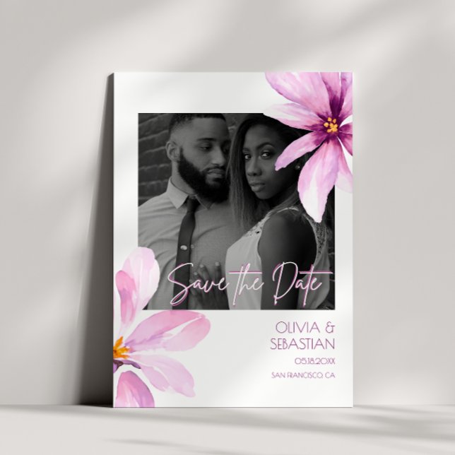 Save The Date Aquarelle rose Fleur Noir blanc Mariage photo (Créateur téléchargé)