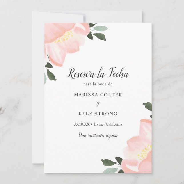Save The Date Aquarelle rose Floral Élégant Mariage espagnol (Devant)