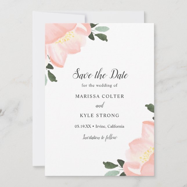 Save The Date Aquarelle rose Floral Mariage élégant (Devant)