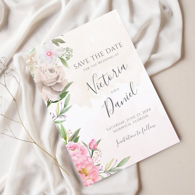 Save The Date Aquarelle rose Floral Mariage élégant (Créateur téléchargé)