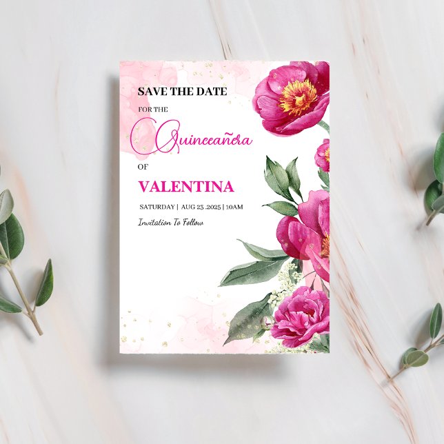 Save The Date Aquarelle rose Fuchsia Floral or Quinceañera (Créateur téléchargé)