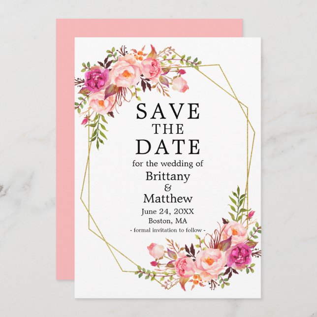 Save The Date Aquarelle Rose Gold Geo Frame Rose Enregistrer La  (Devant / Derrière)