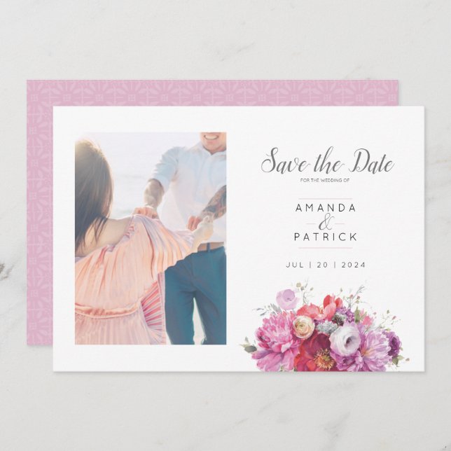 Save The Date Aquarelle rose Mariage Floral été (Devant / Derrière)