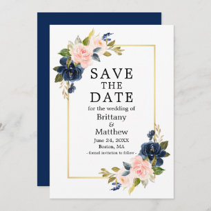 Save The Date Aquarelle rose marine bleu Rose Gold Frame