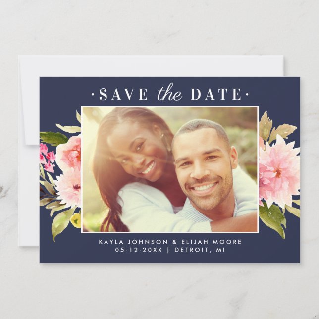 Save The Date Aquarelle rose marine photo Mariage (Devant)