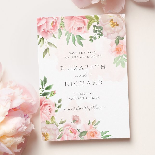 Save The Date Aquarelle rose pâle Mariage de verdure Florale (Créateur téléchargé)