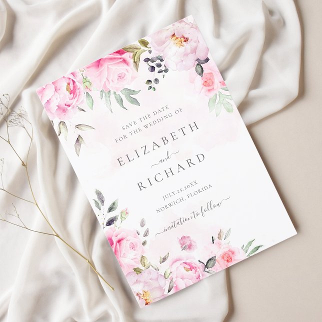 Save The Date Aquarelle rose pâle Mariage de verdure Florale (Créateur téléchargé)