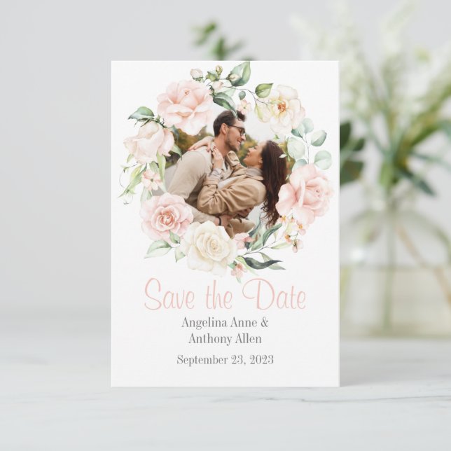 Save The Date Aquarelle rose pâle Photo Mariage floral (Debout devant)
