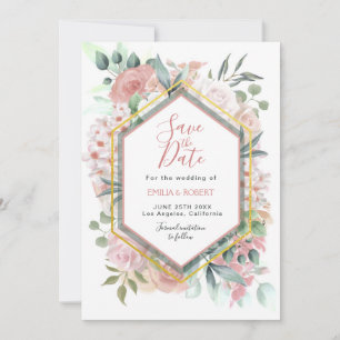 Save The Date Aquarelle rose rose moderne Floral Gold Frame