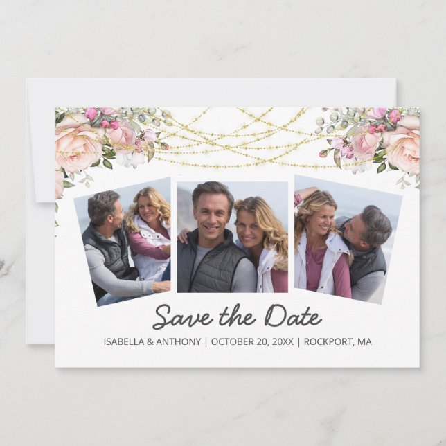 Save The Date Aquarelle rose rose rose rose floral blanc 3Photo (Devant)