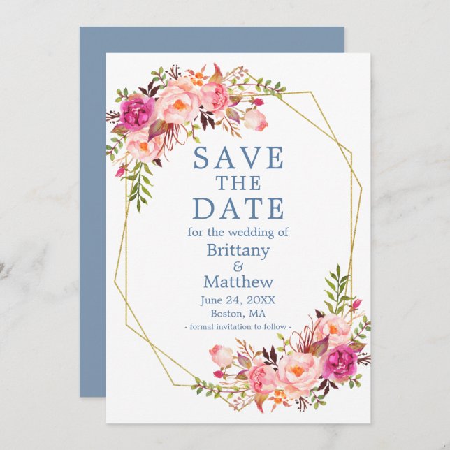 Save The Date Aquarelle rose Roses Dusty Blue Geo Frame (Devant / Derrière)