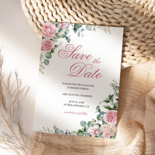 Save The Date Aquarelle rose Roses Floral (Pink Roses and Eucalyptus Greenery)