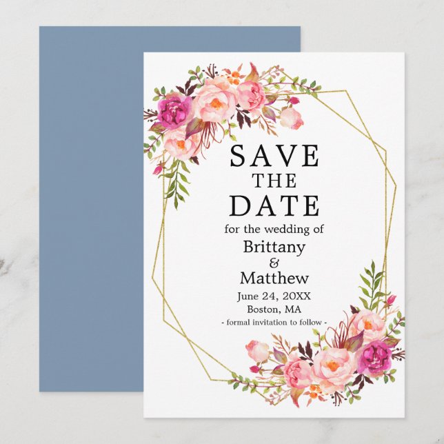 Save The Date Aquarelle rose Roses Geo Frame Dusty Blue (Devant / Derrière)