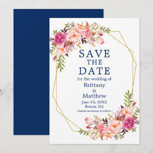 Save The Date Aquarelle rose Roses Geo Frame Marine Bleu