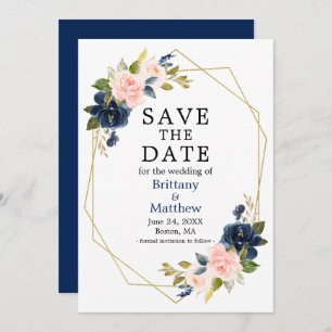 Save The Date Aquarelle rose Roses Marine Bleu Gold Geo Frame