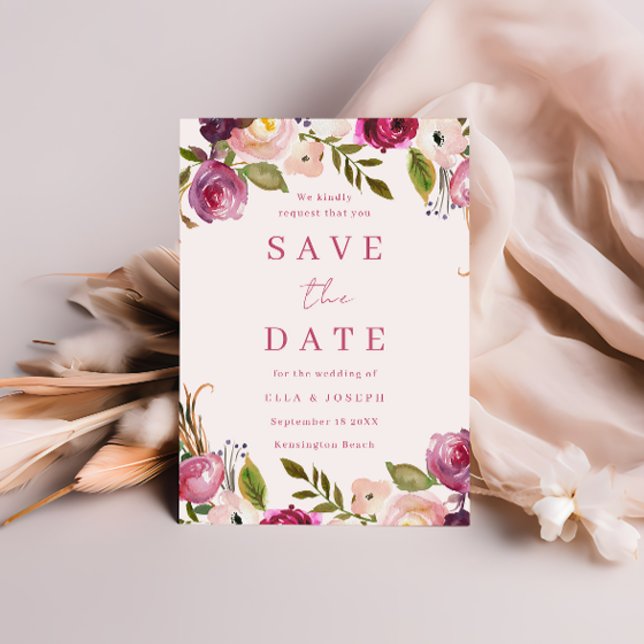 Save The Date Aquarelle rose vibre Mariage de couronnes florales (Créateur téléchargé)