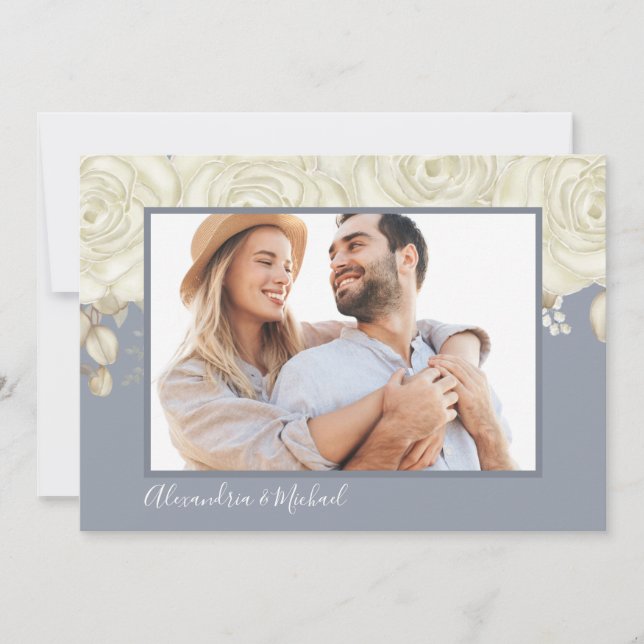 Save The Date Aquarelle Roses blanches Dusty Bleu élégant (Devant)