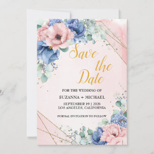 Save The Date Aquarelle Roses bleu et Mariage vert