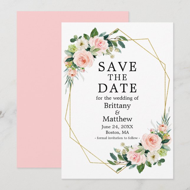 Save The Date Aquarelle Roses Gold Geo Cadre rose Blush (Devant / Derrière)