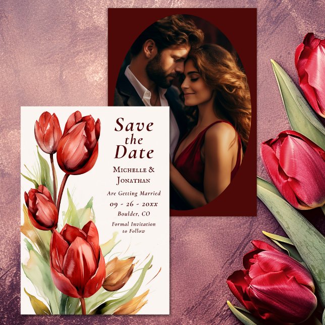 Save The Date Aquarelle Rouge Tulipes Printemps Floral Mariage p (Watercolor Red Tulips Spring Floral Photo Wedding Save The Date)