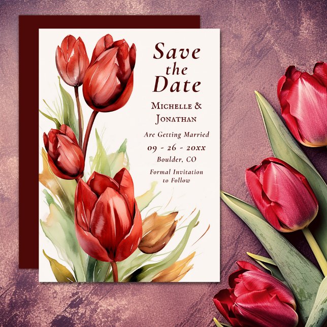 Save The Date Aquarelle Rouges Tulipes Mariage Floral (Watercolor Red Tulips Spring Floral Wedding Save The Date)