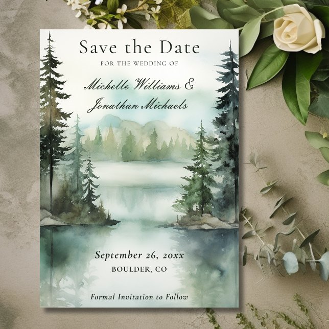 Save The Date Aquarelle Rustic Mountain Lake Mariage forestier (Front - Watercolor Rustic Mountain Lake Forest Wedding Save The Date)