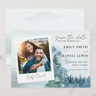 Save The Date Aquarelle rustique Arbres et montagnes Bleu Dusty