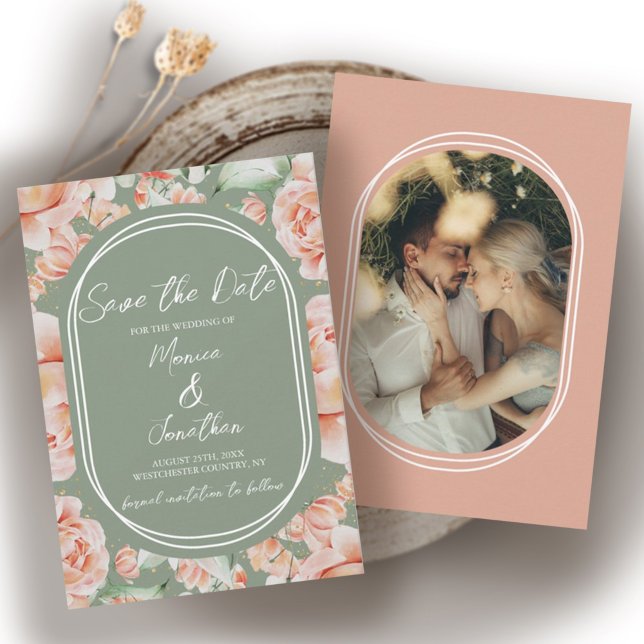 Save The Date Aquarelle rustique Floral Sage Blush Photo Mariage (Rustic Sage Green Blush Floral One Photo Wedding Save The Date)