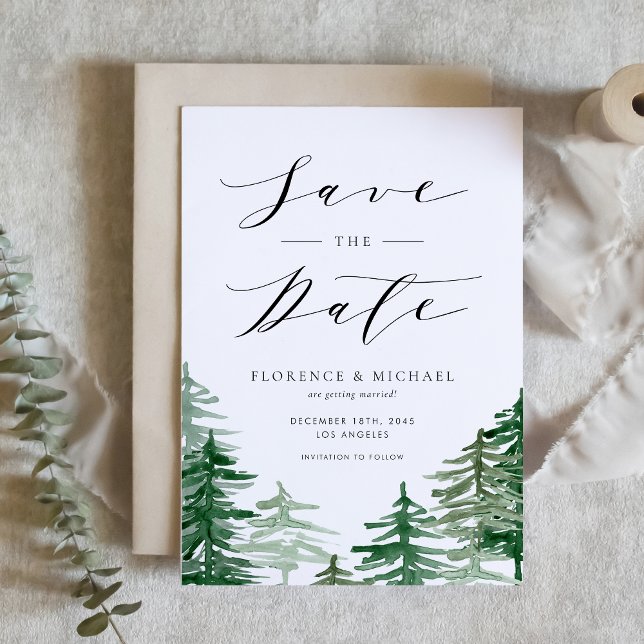 Save The Date Aquarelle rustique Forêt verte (Customizable woodland save the date announcement featuring watercolor forest scenery)