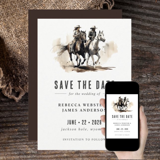 Save The Date Aquarelle rustique Pays Cowgirl Cowboy Chevaux (Créateur téléchargé)