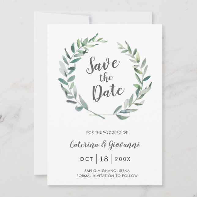 Save The Date Aquarelle rustique Verdure Wreath Non Photo (Devant)