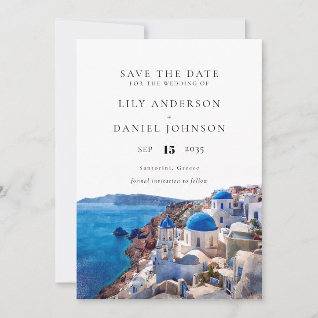 Save The Date Aquarelle Santorini Grèce Destination Mariage (Devant)